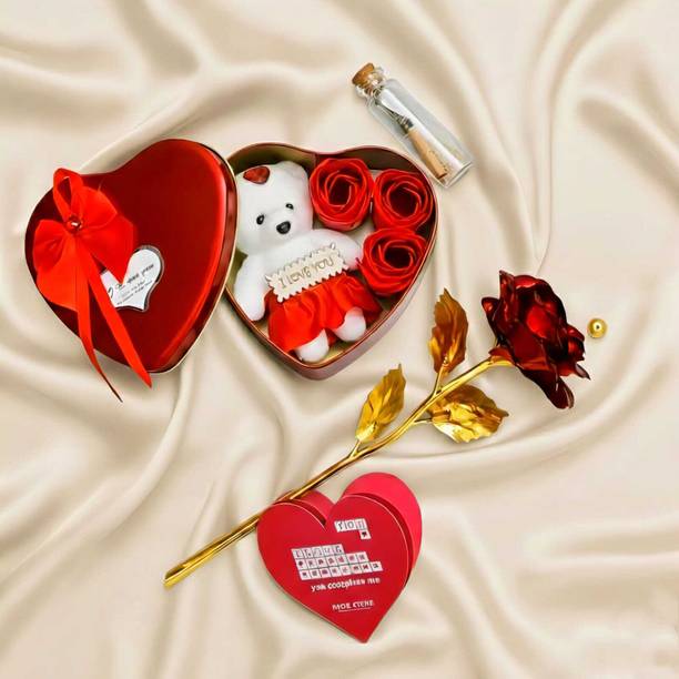 LoveGift Red Rose with Heart Shapes Box, Message Pills & Greeting Card | Love Gift Set Red Rose Artificial Flower