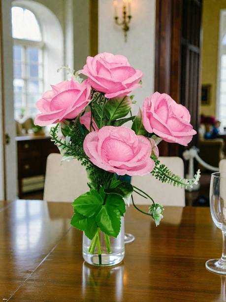 oms Artificial Pink Rose Flower Bunch for Home Décor, Vase & Gifting (5 Stems) Pink Rose Artificial Flower
