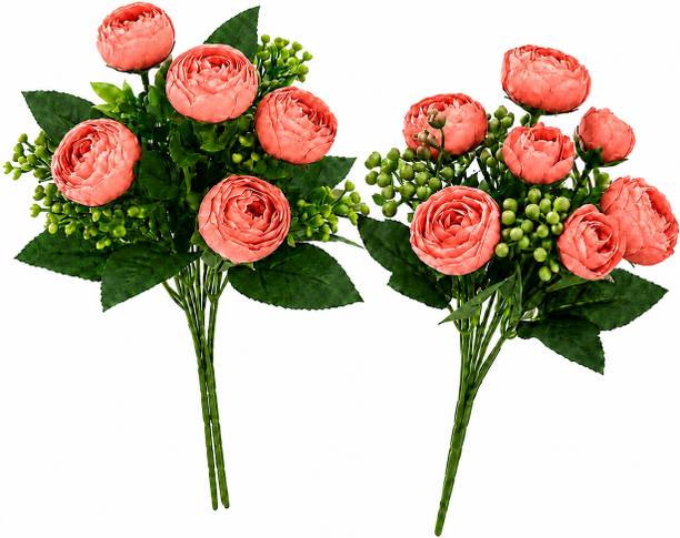 fauxflora Artificial Peach Ranunculus Flower Bouquet Set of 2 with Green Berry Fillers Pink Ranunculus Artificial Flower  with Pot