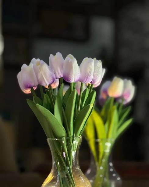 OrixBloom Elegant Artificial Tulip Flower Arrangement – White & Purple (1 Set) Purple Tulips Artificial Flower