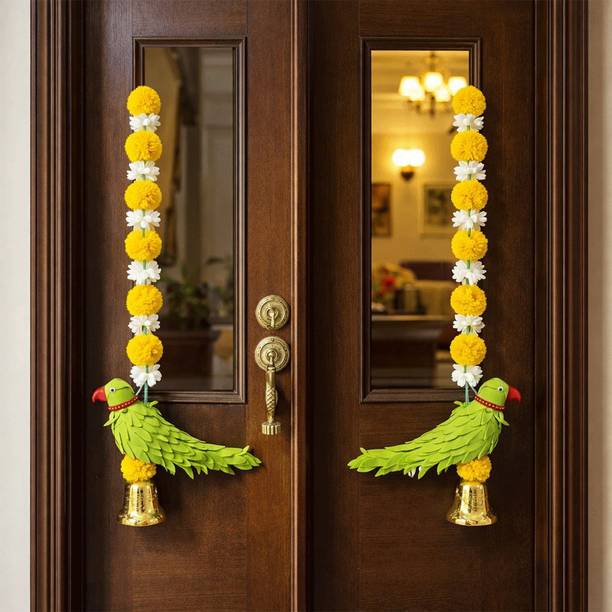 CESTO Diwali Decoration Items, Parrot Marigold & Jasmine Flower Door & Mandir Hanging Yellow, White, Green Marigold, Jasmine Artificial Flower
