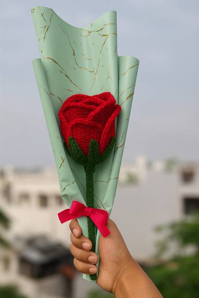 Clapjoy Romantic Crochet Red Rose – Woolen Flower in Gift Wrap with Ribbon Red Rose Artificial Flower