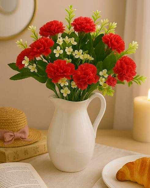 Glowhere Artificial Carnation Flowers with Greenery, Faux Floral Bouquet for Home Decor Red Carnations Artificial Flower