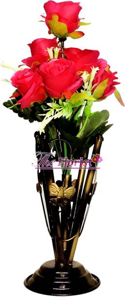 The Florist Rose Artificial Flowers MAROON Bouquet with IRON VASE Maroon Rose Artificial Flower  with Pot