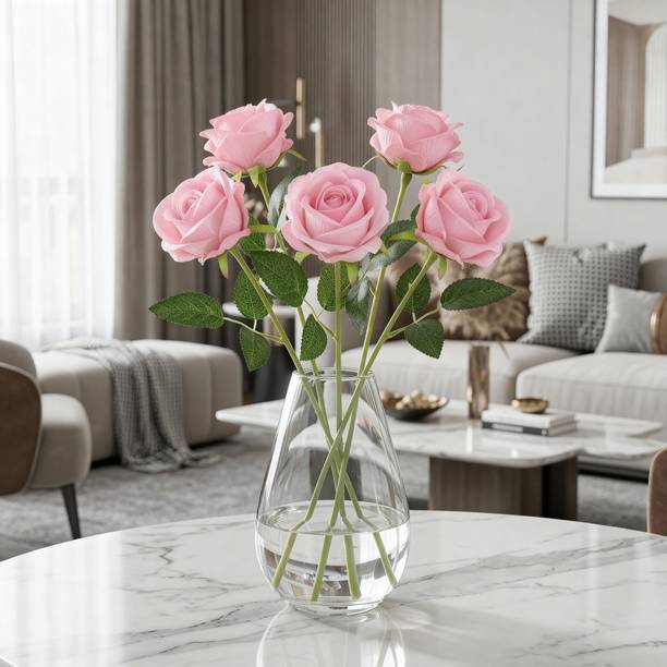 Vendola Artificial Fabric Rose Flower Stick 47 cm for Home Decor Vase Pink Rose Artificial Flower