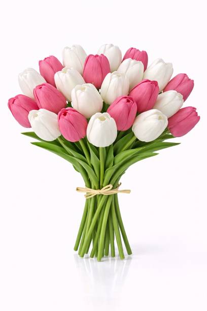 GREEN BAGEECHA Tulip Flower Bouquet for Gift | Premium Tulip Flower Bunch for Home Decor Deep Pink, White Tulips Artificial Flower
