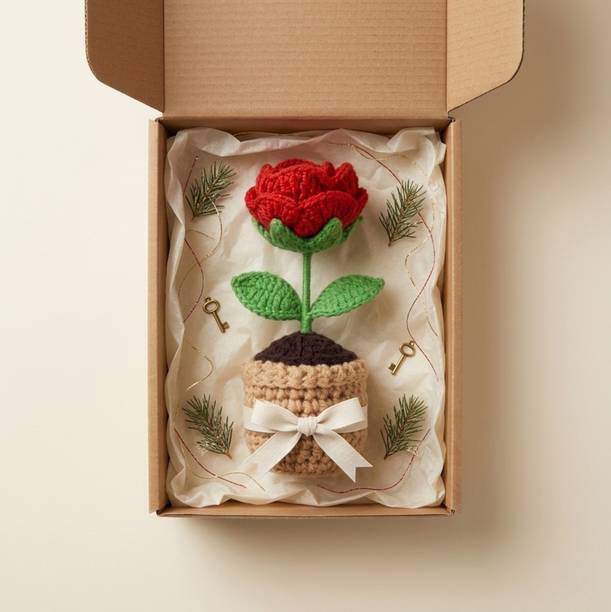 Brovion Art Handmade Crochet Rose Flower with Pot | Artificial Red Rose Table Decor Red Sunflower Artificial Flower