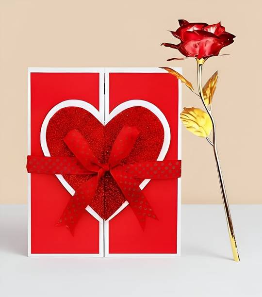 LoveGift Red Golden Rose Gift with Love Greeting Card | Romantic Gift for Girlfriend Red, Gold Rose Artificial Flower