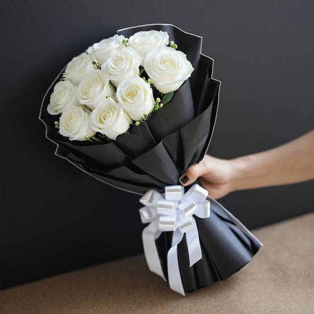Fleur Buddy Elegant Artificial Rose Bouquet – Black Wrap | Ideal Gift for All Occasions White Rose Artificial Flower