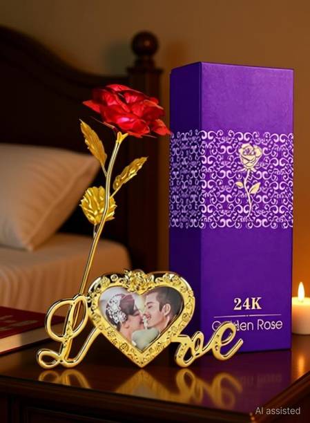 Menka Artificial Golden Red Rose With Photo Frame Gift Set With Box & Carry Bag Red Rose Artificial Flower