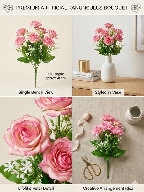 Grvtr Multicolor, Red, Pink, White, Purple, Yellow, Green Rose, Camellia Rose Artificial Flower