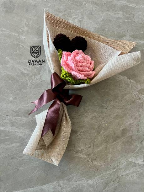 जीवान Crochet Rose & Heart Bouquet गुलाबी गुलाब का फूल नक़ली फूल