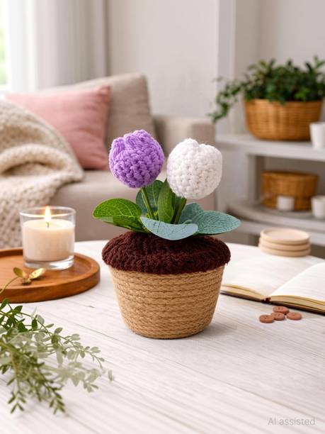 Akaar Decor's Handmade Crochet Tulips with Boho Pot Purple, White Tulips Artificial Flower with Pot