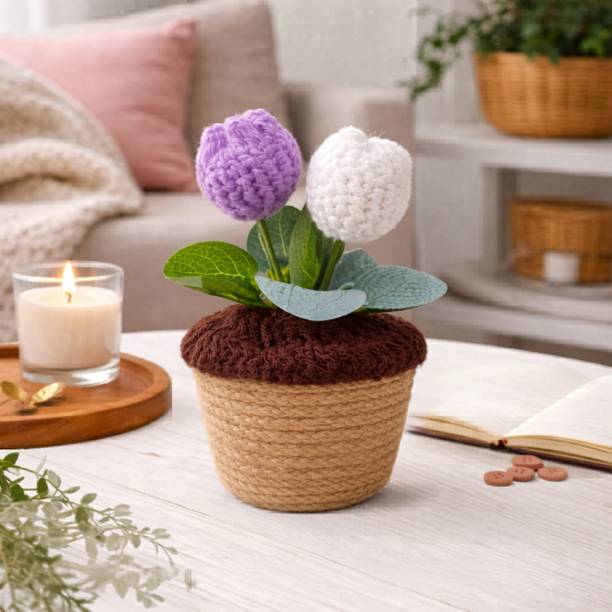 Akaar Akaar Decor's Handmade Crochet Tulips with Boho Pot Purple, White Tulips Artificial Flower  with Pot