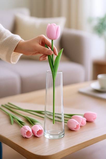 इक्को Tulip Bunch for Vase & Home Decor, for Living Room Corner Table गुलाबी ट्यूलिप नक़ली फूल