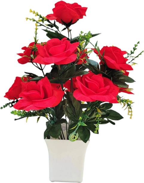 abhay flowers and fashion VELVET ROSE Red Rose Artificial Flower  with Pot