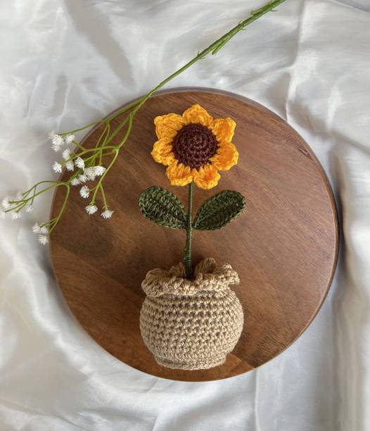 Floreal Handmade Crochet Yellow Sunflower Artificial Flower  with Pot