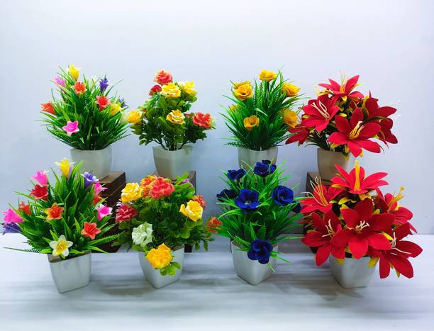 ADIRSA Artificial Plants for Home Office Decor Mix Color Decorative Piece Rose Multicolor Wild Flower Artificial Flower  with Pot