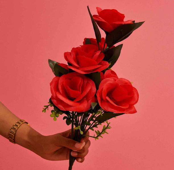 Asharya Red artificial roses bunch with long stems for vase | home décor 7 head Red Rose Artificial Flower