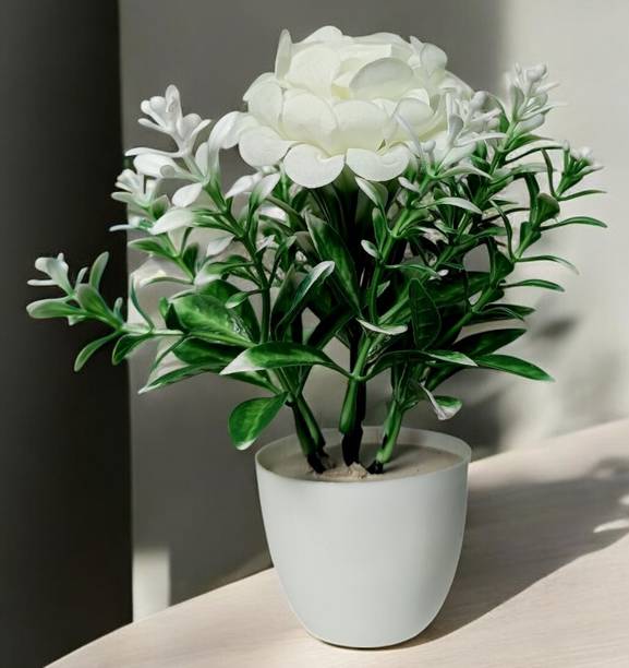 oms Paper Rose Artificial Flower Pot for Indoor Home Decoration सफेद गेंदा नक़ली फूल पॉट के साथ