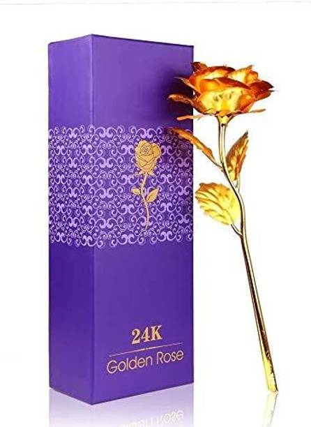 PSGGO MART LoveGift Golden Rose with Premium Purple Box | Romantic Gift Artificial Flower Gold Rose Artificial Flower with Pot