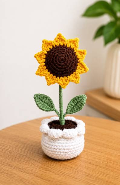 RRCozyKnot sunflower with vase Yellow Sunflower Artificial Flower  with Pot
