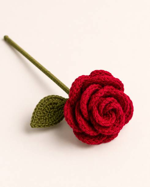 knotwithlove Handmade Crochet Rose Flower Single Stem Artificial Flower Gift Decor Red, Green Rose Artificial Flower