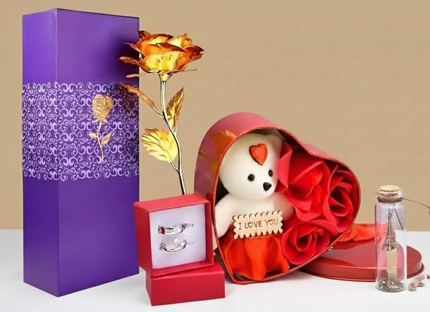 LoveGift Golden Rose Jewellery & Message Pills Gift Set with I Love You Card Gold Rose Artificial Flower