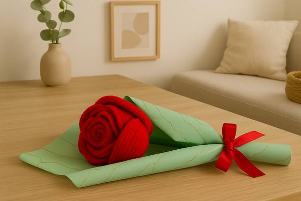 Clapjoy Romantic Crochet Red Rose – Woolen Flower in Gift Wrap with Ribbon Red Rose Artificial Flower