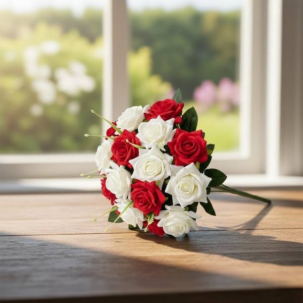PREMA SHINE Artificial Rose Bouquet Red & White | 7 Head | Long Stem Red, White Rose Artificial Flower