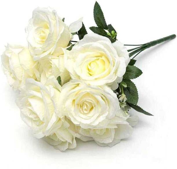 Mysaa Artificial White Rose Flower Bunch for Home Decoration | Elegant Flower Bouquet White Rose Artificial Flower