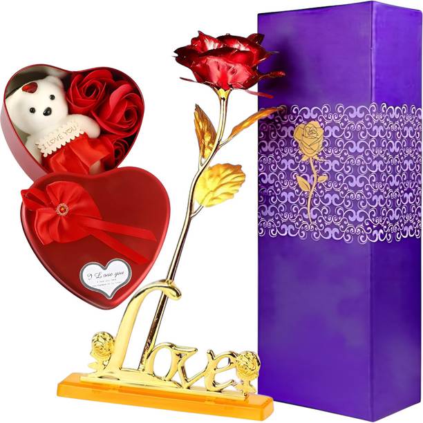 LoveGift Red Golden Rose with Love Stand & Heart Shaped Gift Box | Rose Love Gift Set Red Rose Artificial Flower  with Pot