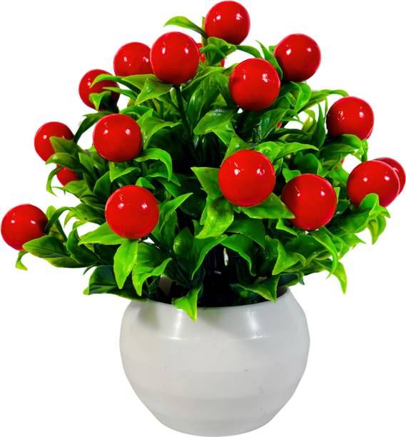 Dekorly Artificial Flower For Home Office Décor Bouquet Wedding Anniversary Valentine White Cherry Artificial Flower  with Pot
