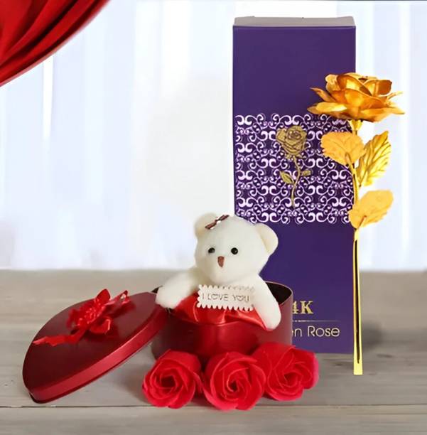 LoveGift Golden Rose with Heart Shape Gift Box | Valentine Day Gift Gold, Red Rose Artificial Flower