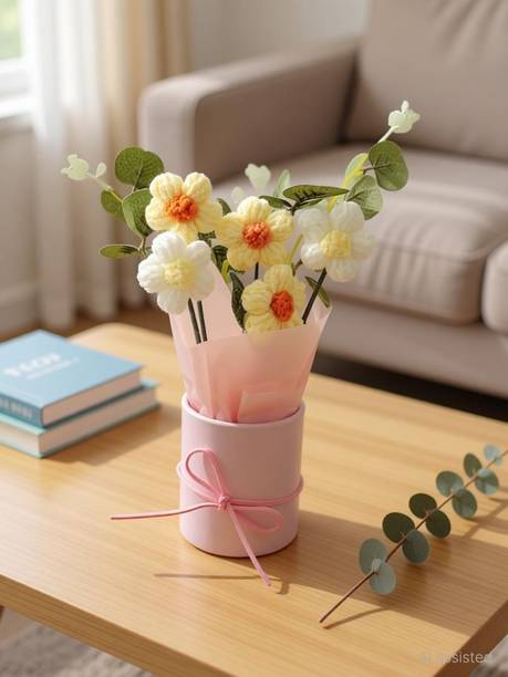 MPROW 1 Pcs Artificial Daisy Crochet Flower Bouquet with Pot | Home Decor,Table,Gift Yellow Daisy Artificial Flower  with Pot