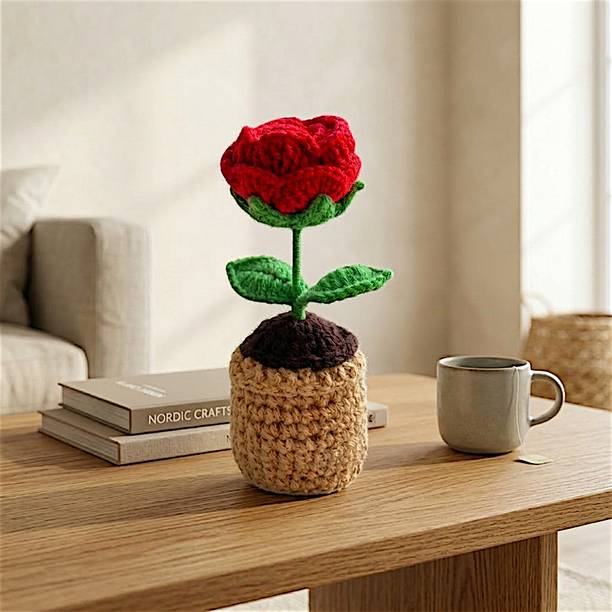 Brovion Art Handmade Crochet Rose Flower with Pot | Artificial Red Rose Table Decor | Gift Multicolor Rose Artificial Flower
