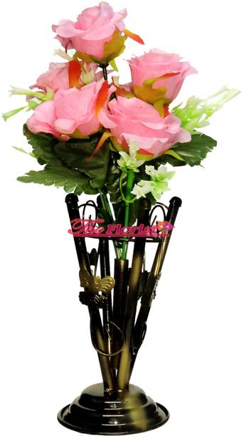 The Florist Rose Artificial Flowers BABY-PINK Bouquet with IRON-VASE Pink Rose Artificial Flower  with Pot