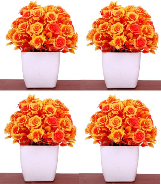 Anuash Orange Rose Artificial Flower  with Pot
