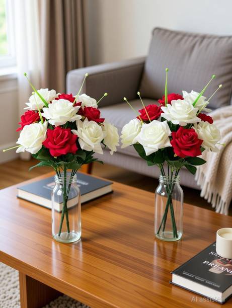 PREMA SHINE Artificial Red & White Rose Flower Bouquet | Decorative Flower Bunch Red, White Rose Artificial Flower