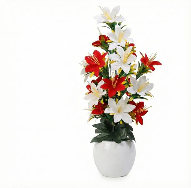 PREMA SHINE Artificial Red & White Lily Flower Plant with Pot | Big Size Decorative Flowers Multicolor Lily Artificial Flower  with Pot