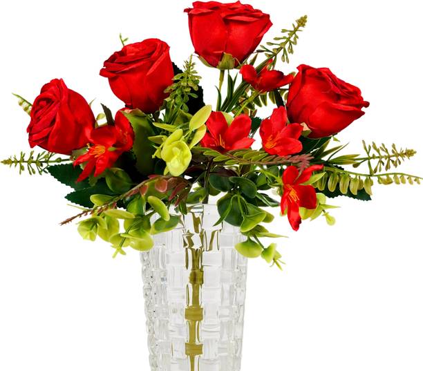 Dekorly Artificial Flower For Home Office Décor Bouquet Wedding Anniversary Valentine Red Rose, Eucalyptus Artificial Flower