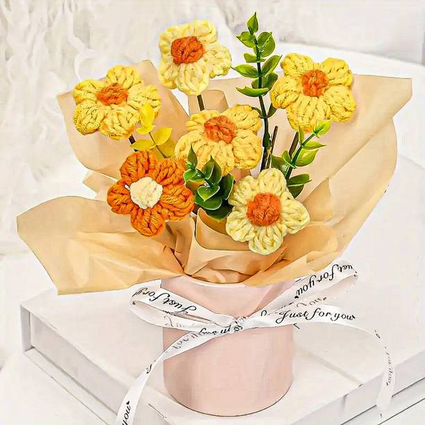 Ekhasa Yellow Cherry Blossom Handmade Crochet Bouquet |Ideal Gifting Flower Yellow Cherry Blossom Artificial Flower  with Pot