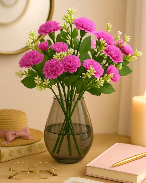 Glowhere Artificial Carnation Flowers with Greenery, Faux Floral Bouquet for Home Decor Purple Carnations Artificial Flower