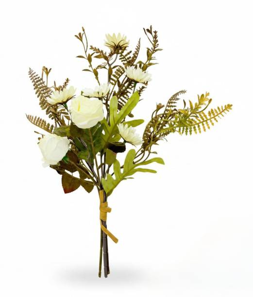 Dekorly White Artificial Rose Bouquet with Mini Daisies & Wild Grass for Home & Office White Rose Artificial Flower