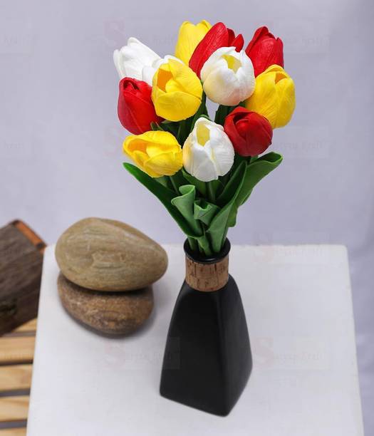 सत्यम क्राफ्ट 5 Pcs Artificial Rubber Tulip Rose Flower Sticks for Home Decoration and Craft बहुरंगी ट्यूलिप नक़ली फूल