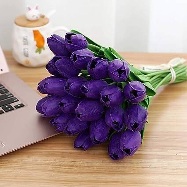 Satyam Kraft 5 Pcs Tulip Flower Bunch Fake Sticks for Decorations Dark Purple Tulips Artificial Flower