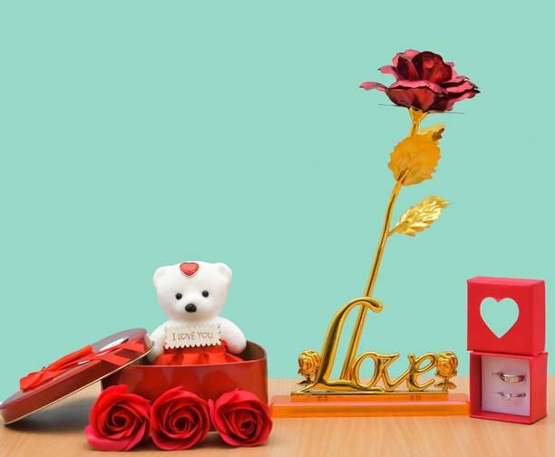 LoveGift Red Rose Gift, Love Stand, Heart Shape Gift Box, Couple Ring Gift Box Red Rose Artificial Flower