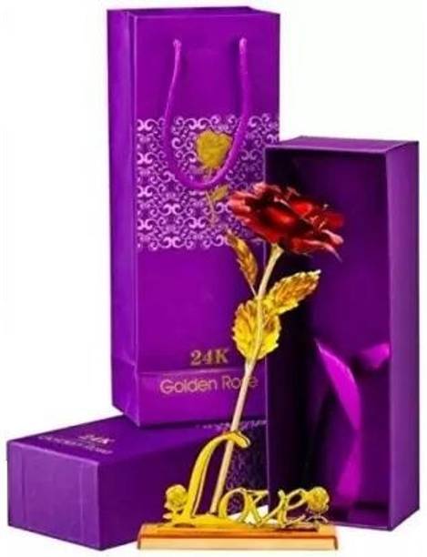 BHATIA Red Rose With Love Stand Without Blue Carry Bag |Rose Day Gift Gold, Red Rose Artificial Flower  with Pot