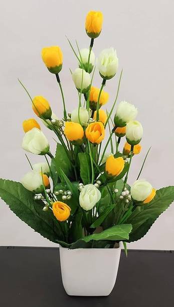 Ukv collection Yellow Artificial Tulip Flower Bunch with Pot | Home & Office Table Decoration Yellow Lily Artificial Flower  with Pot