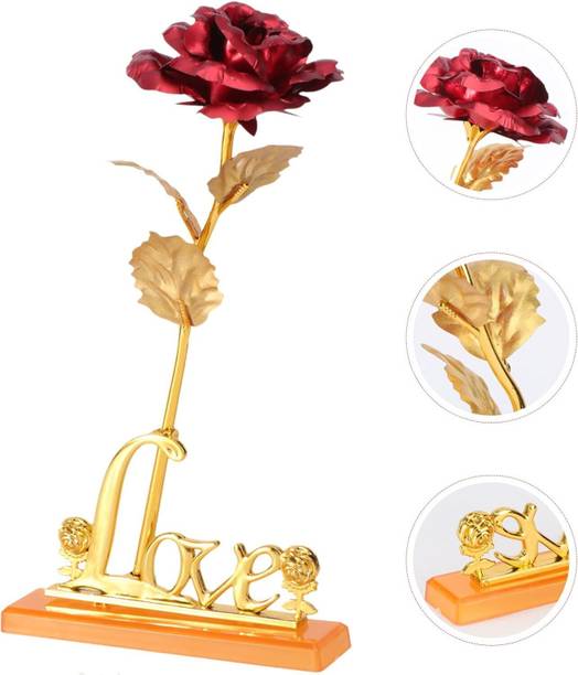 Menka Artificial Golden Red Rose With Love Stand Couple Gift Set With Box & Bag Red, Gold Rose Artificial Flower